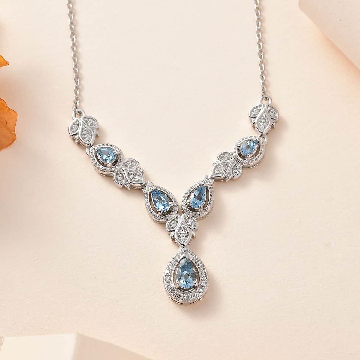 Santa Maria Aquamarine and White Zircon Halo Necklace 18-20 Inches in Platinum Over Sterling Silver 1.35 ctw image number 1
