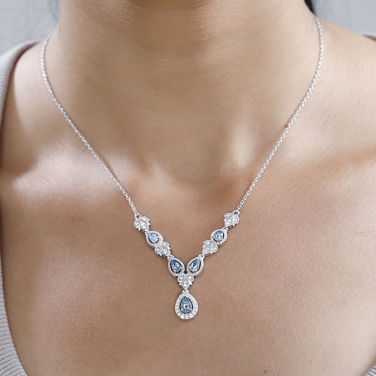 Santa Maria Aquamarine and White Zircon Halo Necklace 18-20 Inches in Platinum Over Sterling Silver 1.35 ctw