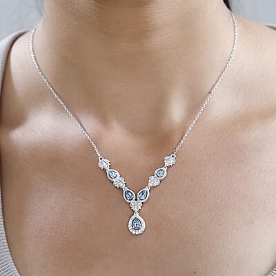 Santa Maria Aquamarine and White Zircon Halo Necklace 18-20 Inches in Platinum Over Sterling Silver 1.35 ctw