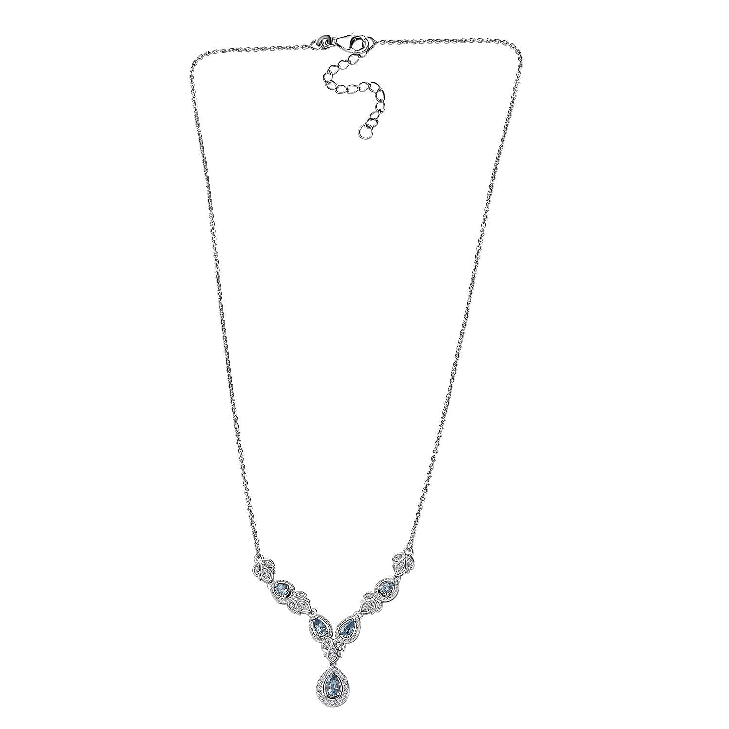 Santa Maria Aquamarine and White Zircon Halo Necklace 18-20 Inches in Platinum Over Sterling Silver 1.35 ctw