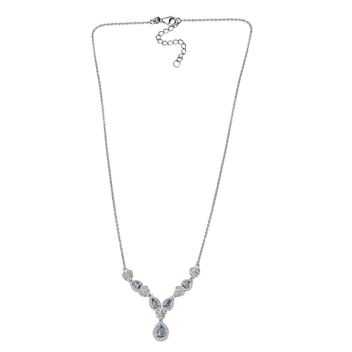 Santa Maria Aquamarine and White Zircon Halo Necklace 18-20 Inches in Platinum Over Sterling Silver 1.35 ctw image number 3