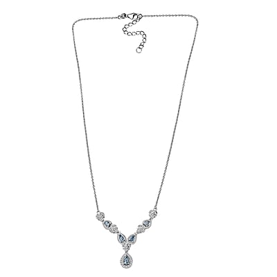 Santa Maria Aquamarine and White Zircon Halo Necklace 18-20 Inches in Platinum Over Sterling Silver 1.35 ctw