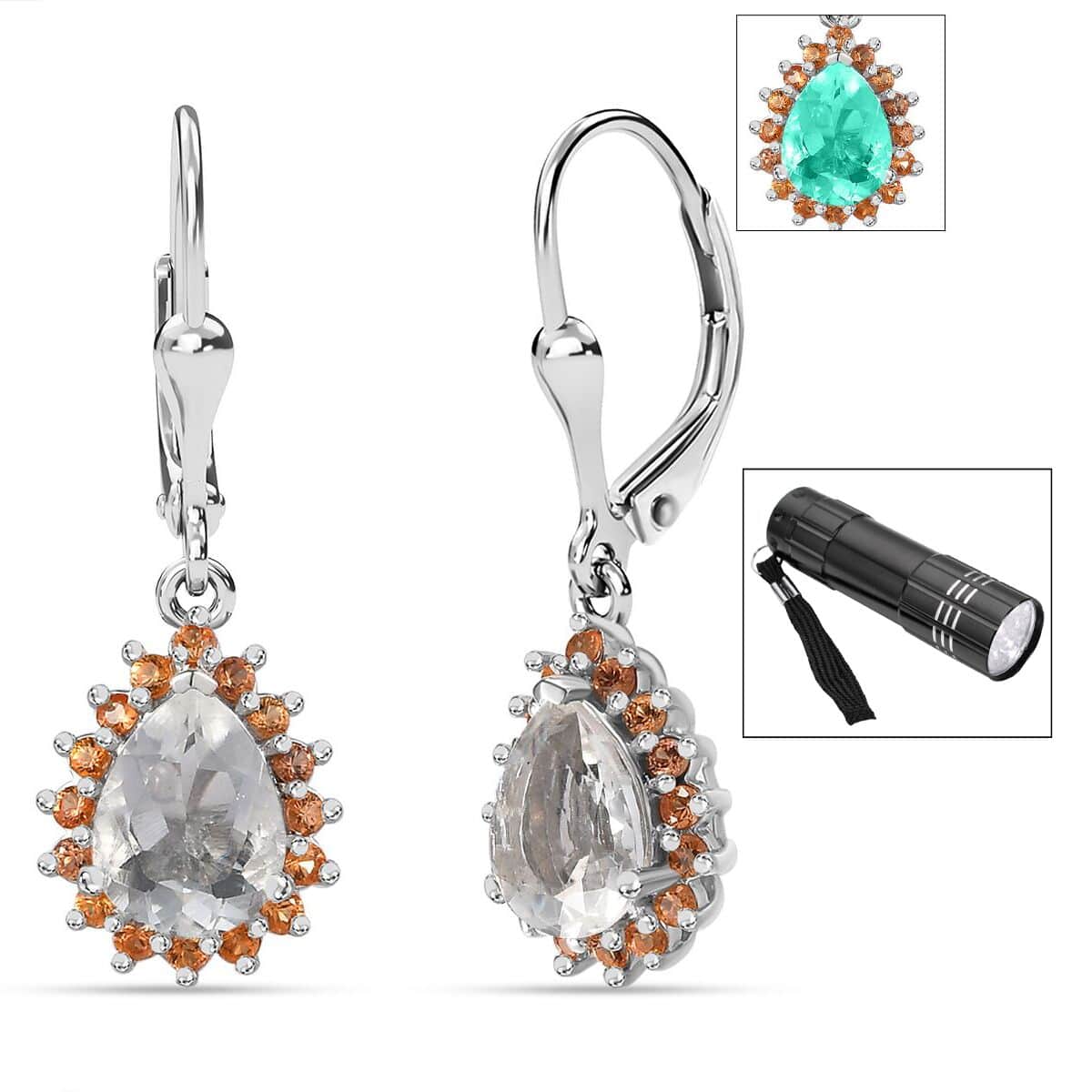 Mexican Hyalite Opal and Orange Sapphire Lever Back Earrings in Platinum Over Sterling Silver with Free UV Flash Light 2.20 ctw image number 0