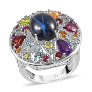 Star Blue Sapphire (DF) and Multi Gemstone Star Ring in Platinum Over Sterling Silver (Size 6.0) 10.00 ctw