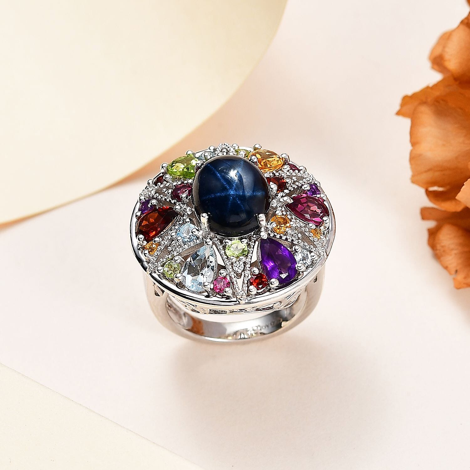 Star Blue Sapphire (DF) and Multi Gemstone Star Ring in Platinum Over Sterling Silver (Size 6.0) 10.00 ctw