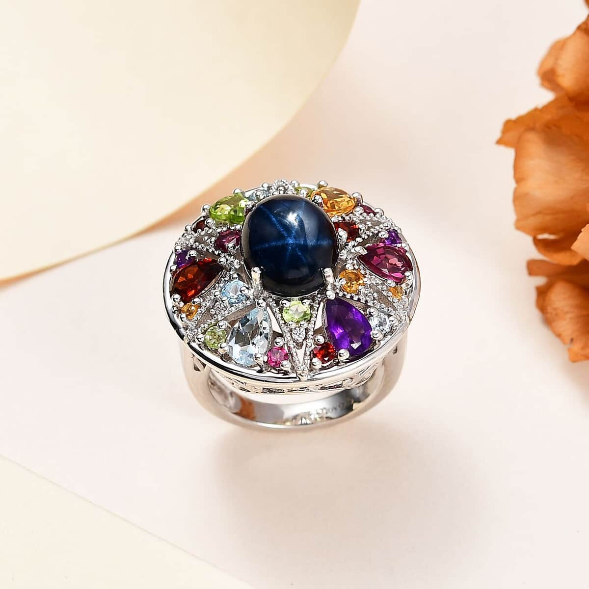 Star Blue Sapphire (DF) and Multi Gemstone Star Ring in Platinum Over Sterling Silver (Size 6.0) 10.00 ctw image number 1