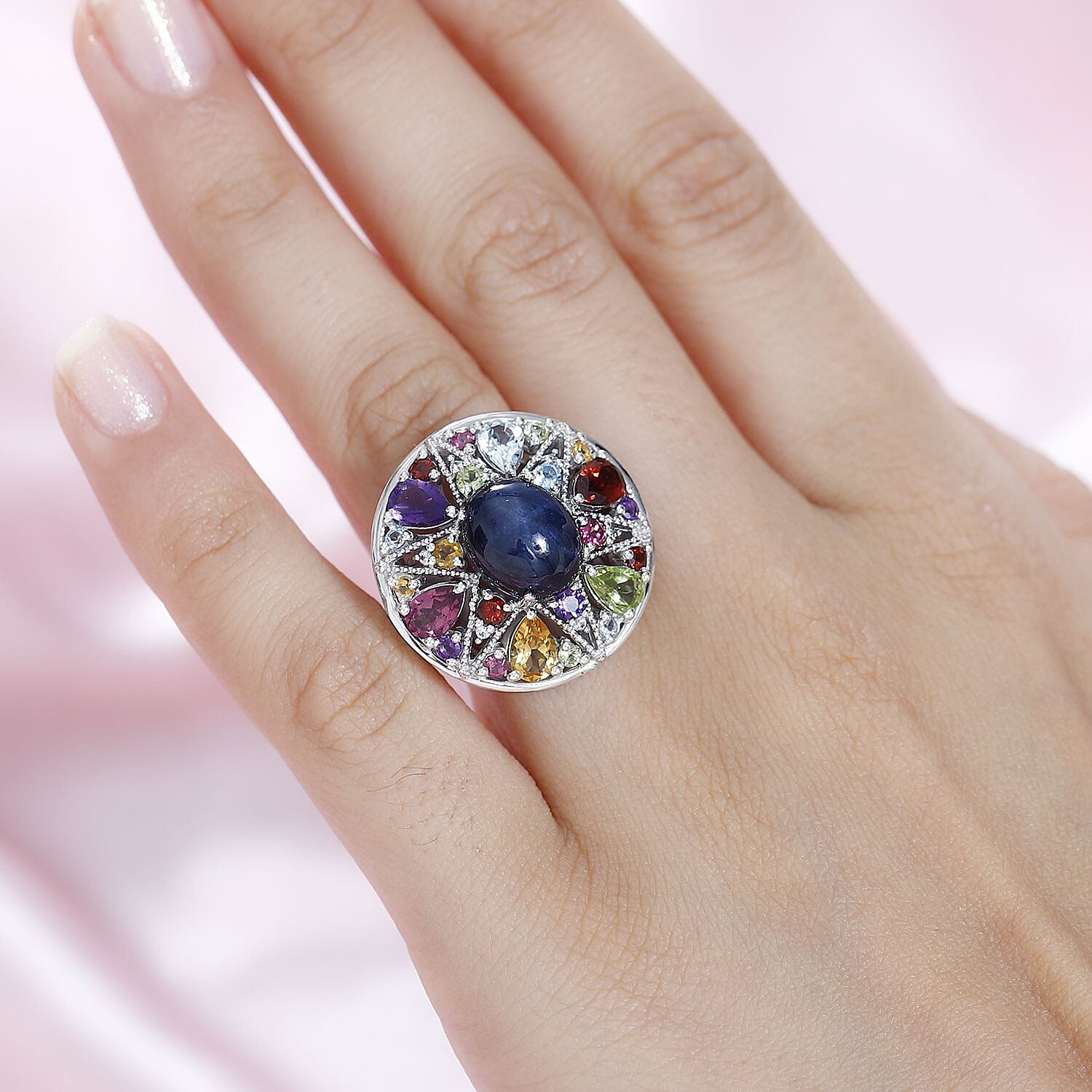 Star Blue Sapphire (DF) and Multi Gemstone Star Ring in Platinum Over Sterling Silver (Size 6.0) 10.00 ctw