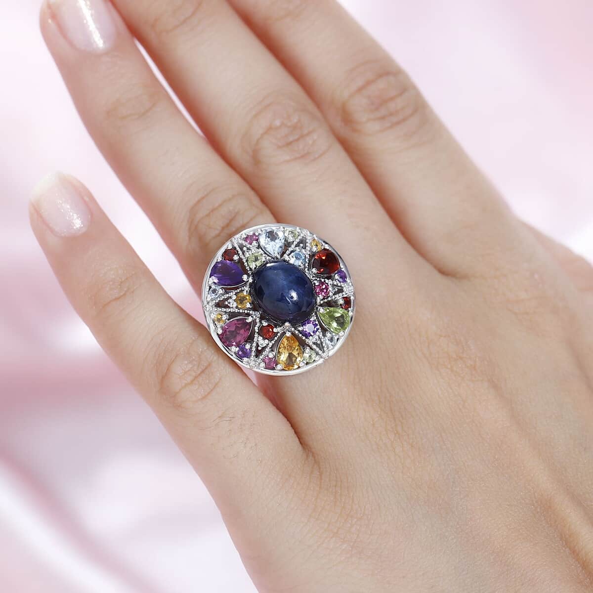 Star Blue Sapphire (DF) and Multi Gemstone Star Ring in Platinum Over Sterling Silver (Size 6.0) 10.00 ctw image number 2