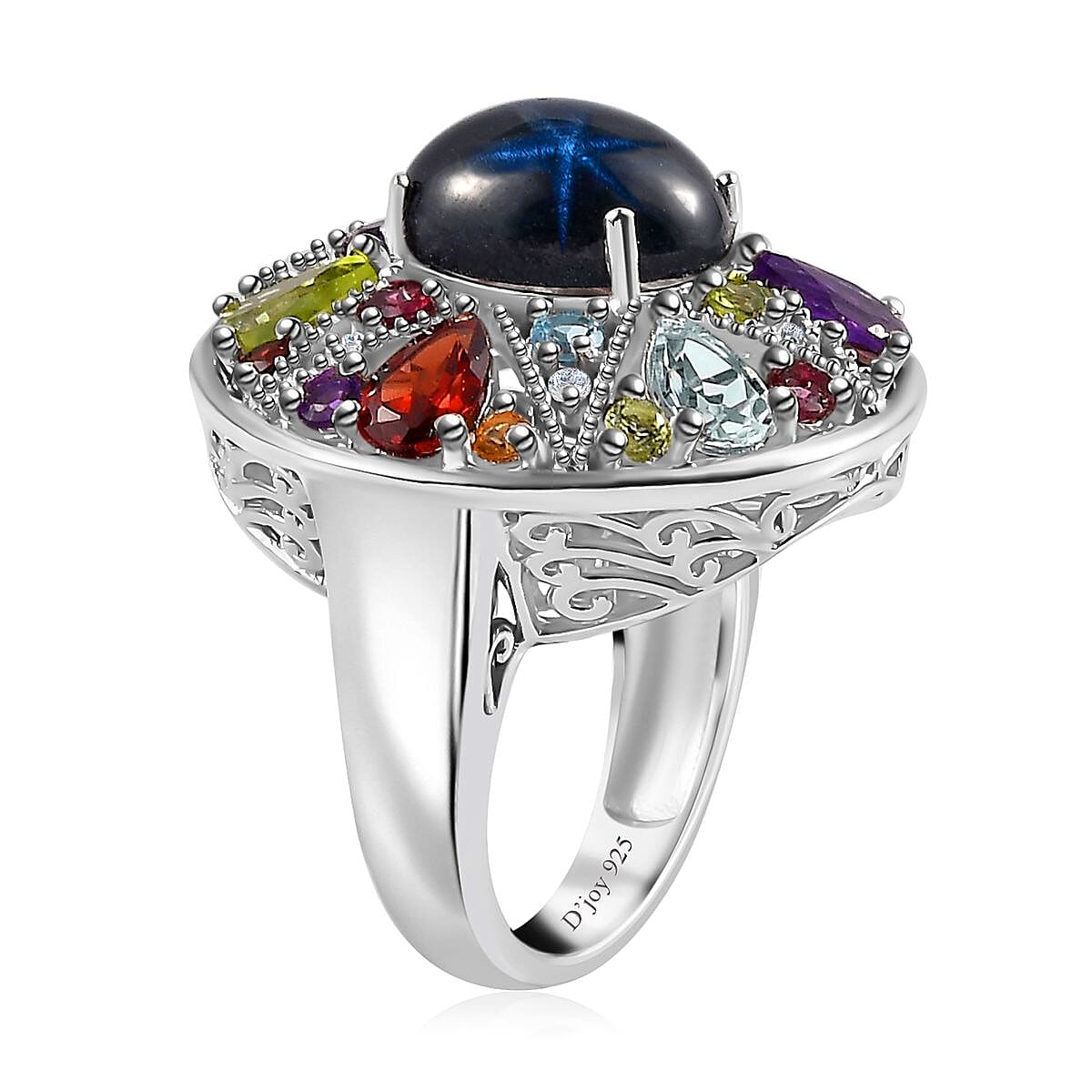 Star Blue Sapphire (DF) and Multi Gemstone Star Ring in Platinum Over Sterling Silver (Size 6.0) 10.00 ctw