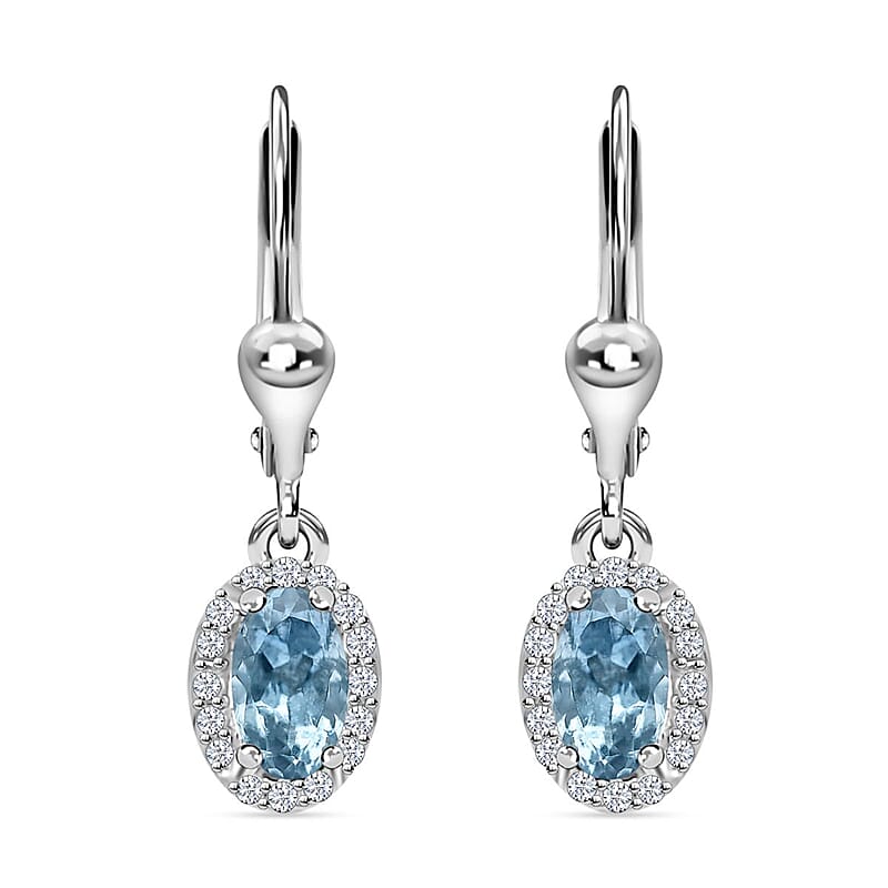 Santa Maria Aquamarine and White Zircon Lever Back Earrings in Platinum Over Sterling Silver 0.60 ctw