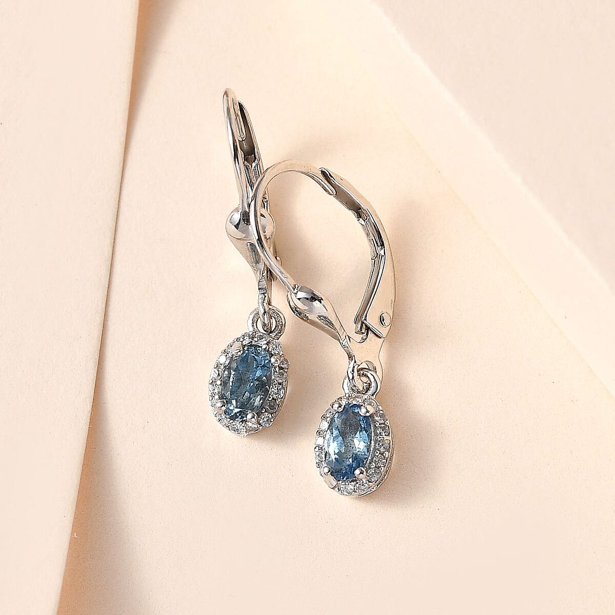 Santa Maria Aquamarine and White Zircon Lever Back Earrings in Platinum Over Sterling Silver 0.60 ctw image number 1