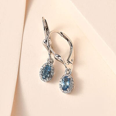 Santa Maria Aquamarine and White Zircon Lever Back Earrings in Platinum Over Sterling Silver 0.60 ctw