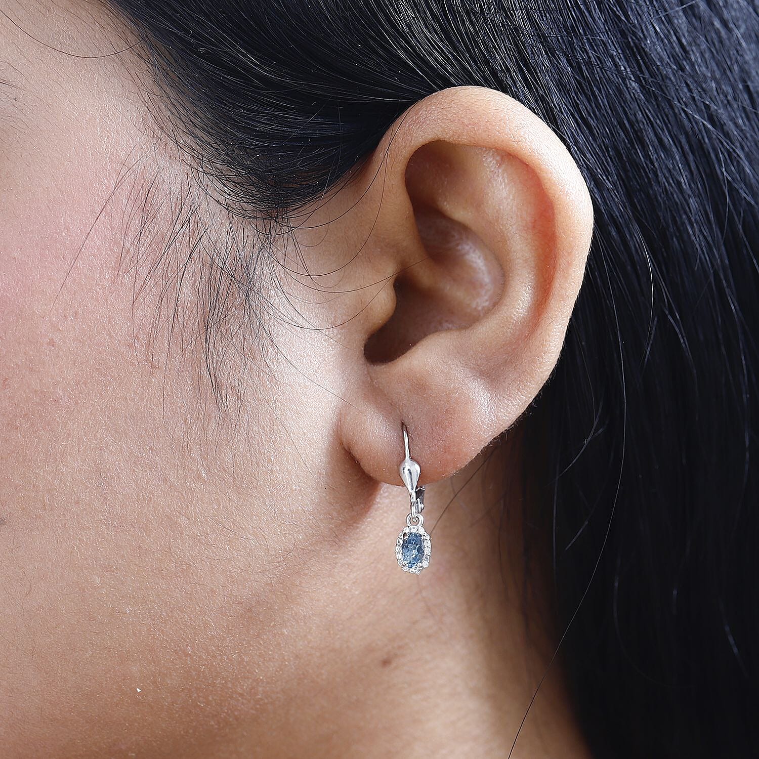 Santa Maria Aquamarine and White Zircon Lever Back Earrings in Platinum Over Sterling Silver 0.60 ctw