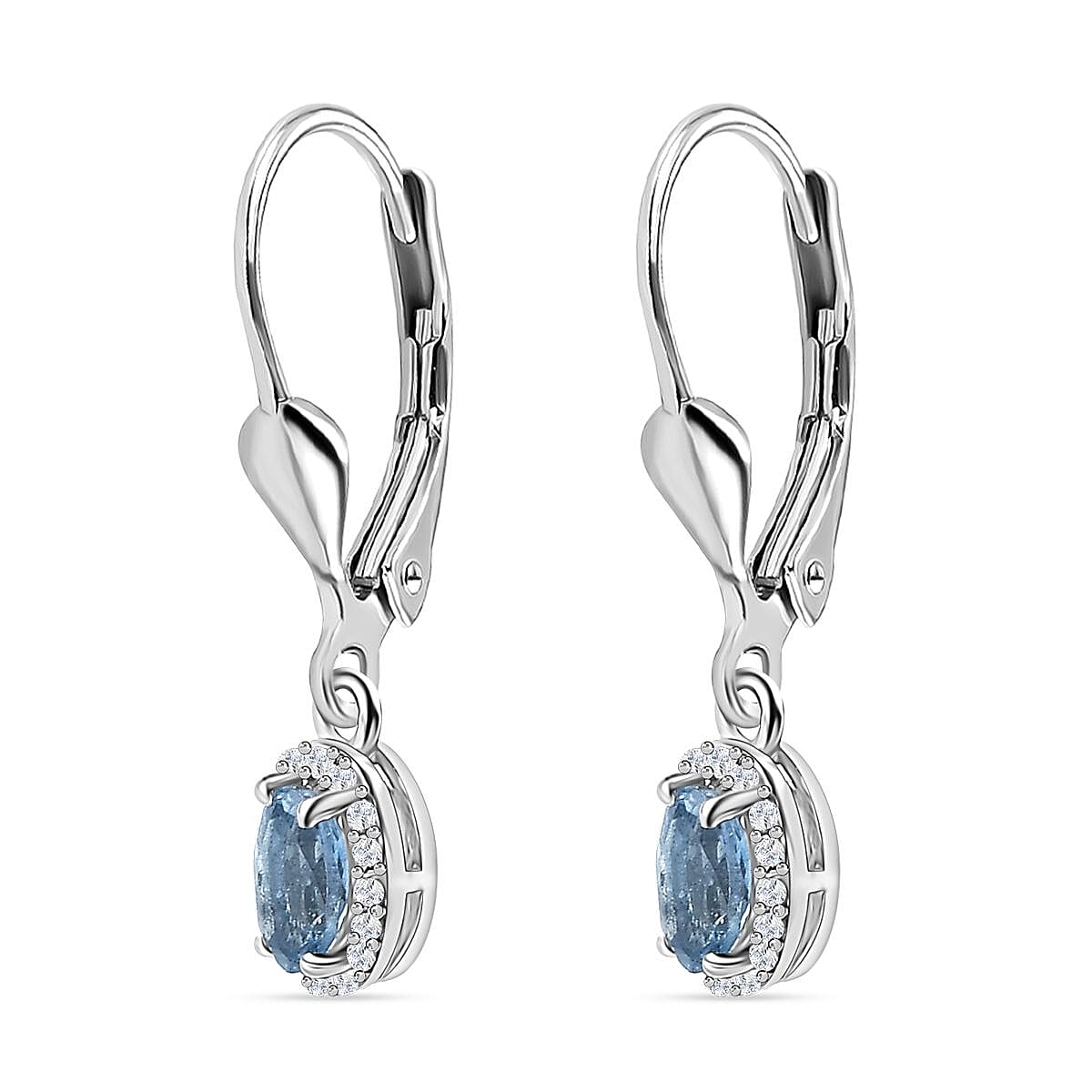 Santa Maria Aquamarine and White Zircon Lever Back Earrings in Platinum Over Sterling Silver 0.60 ctw