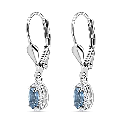 Santa Maria Aquamarine and White Zircon Lever Back Earrings in Platinum Over Sterling Silver 0.60 ctw