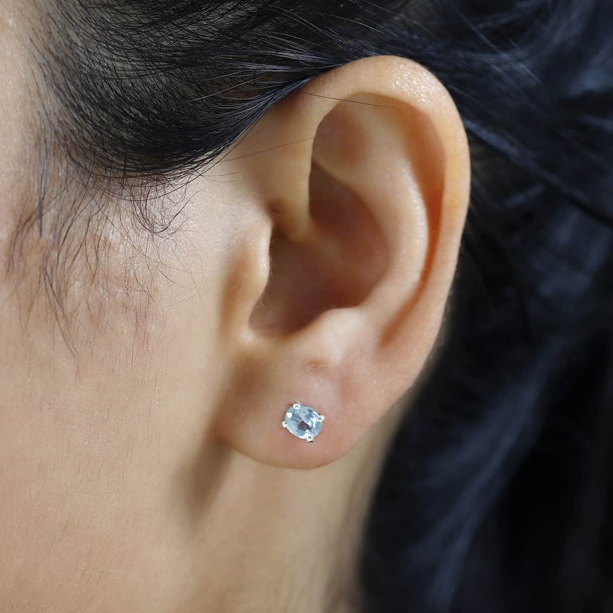 Aqua Kyanite Solitaire Stud Earrings in Platinum Over Sterling Silver 0.90 ctw image number 2