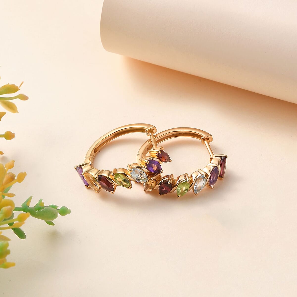 Multi Gemstone Hoop Earrings in Vermeil Yellow Gold Over Sterling Silver 4.20 ctw image number 1