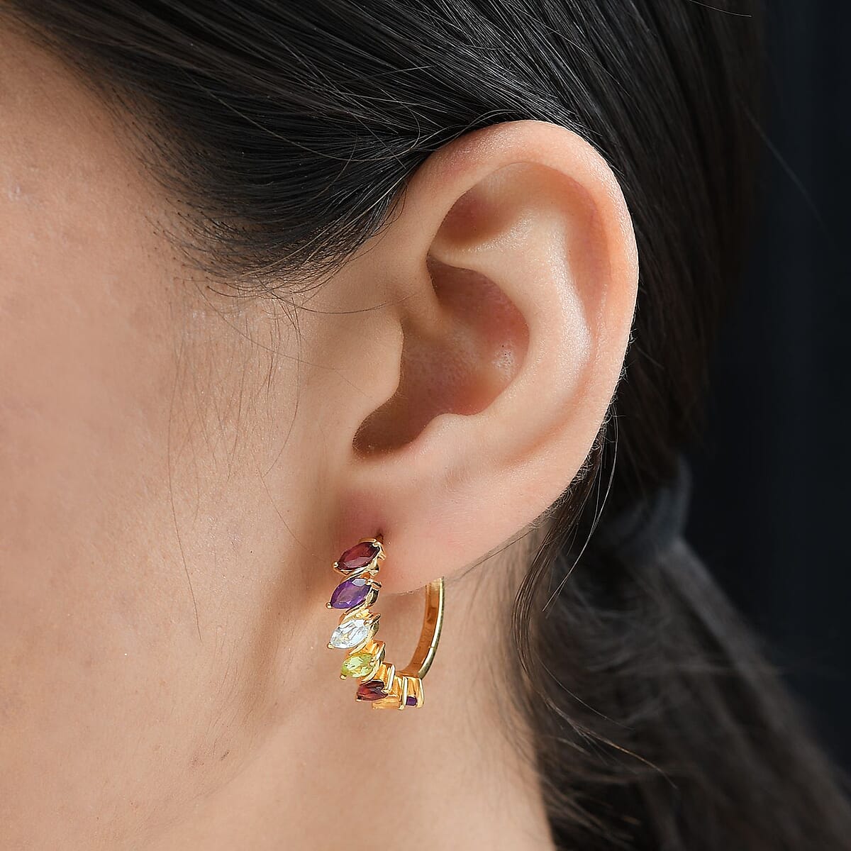 Multi Gemstone Hoop Earrings in Vermeil Yellow Gold Over Sterling Silver 4.20 ctw image number 2