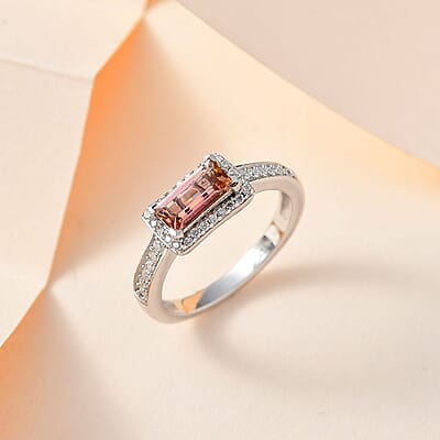 Blush Tourmaline and Moissanite Halo Ring in Platinum Over Sterling Silver (Size 10.0) 1.15 ctw