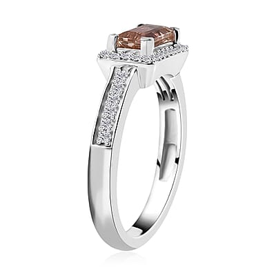 Blush Tourmaline and Moissanite Halo Ring in Platinum Over Sterling Silver (Size 10.0) 1.15 ctw