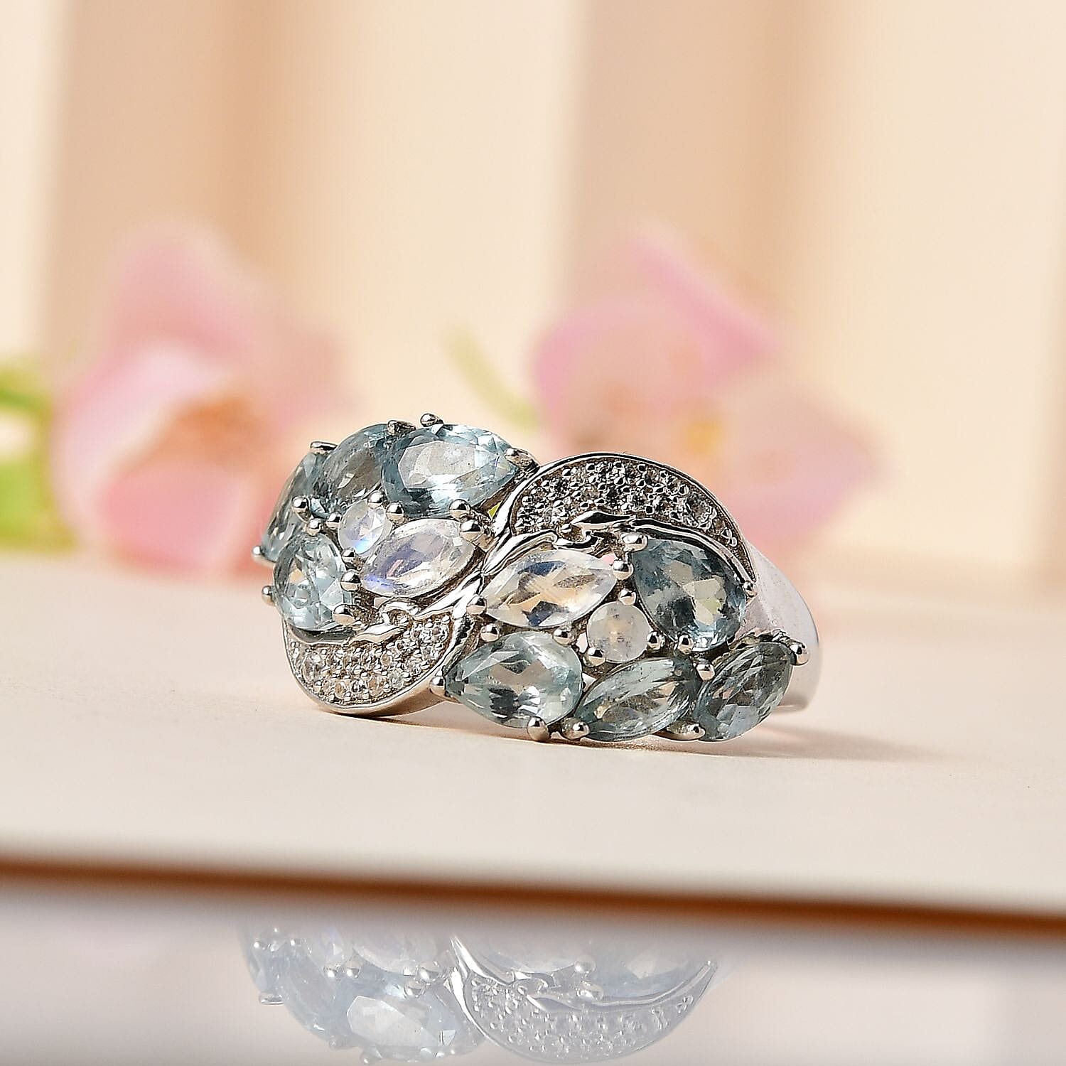 Aqua Kyanite, Multi Gemstone Ring in Platinum Over Sterling Silver (Size 10.0) 4.10 ctw