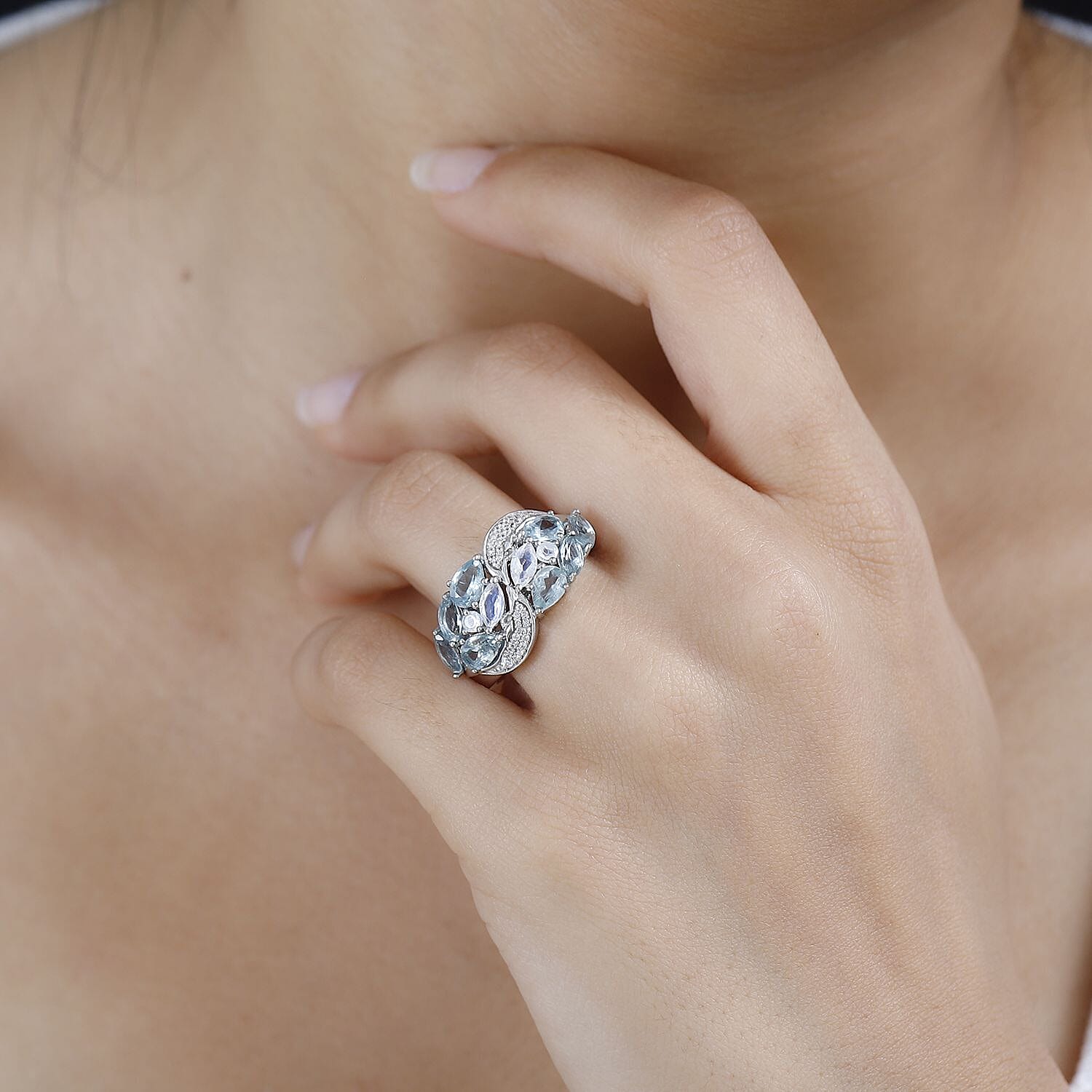 Aqua Kyanite, Multi Gemstone Ring in Platinum Over Sterling Silver (Size 10.0) 4.10 ctw