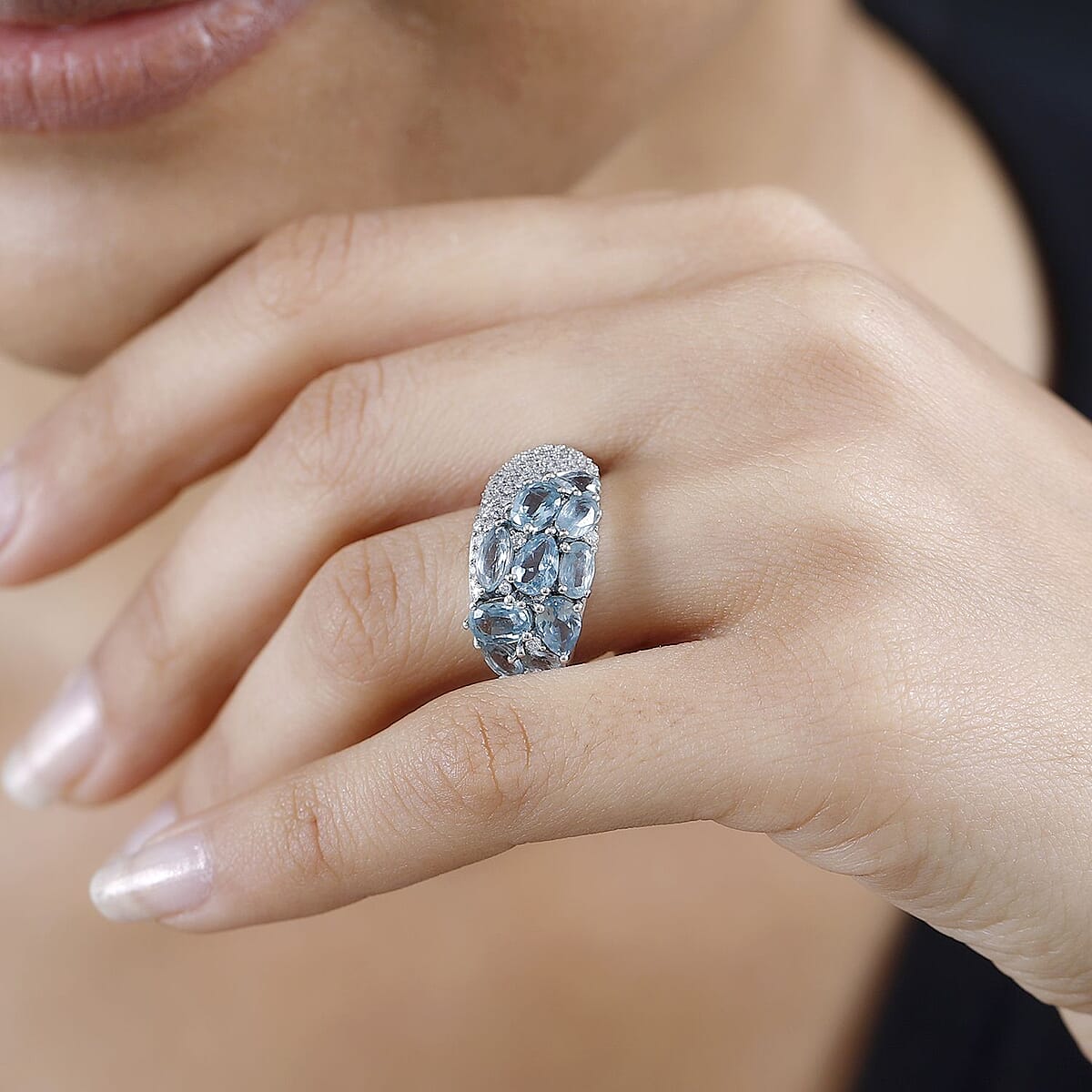 Premium Aqua Kyanite and Moissanite Ring in Platinum Over Sterling Silver (Size 8.0) 4.40 ctw image number 2