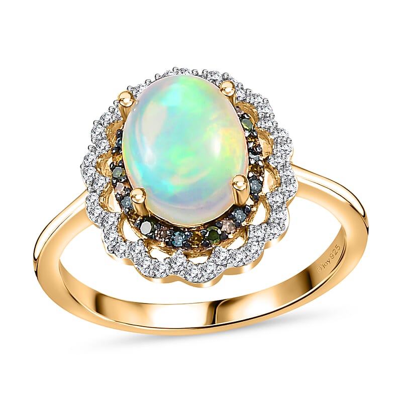 Ethiopian Welo Opal and Multi Diamond Floral Ring in Vermeil Yellow Gold Over Sterling Silver (Size 10.0) 1.40 ctw