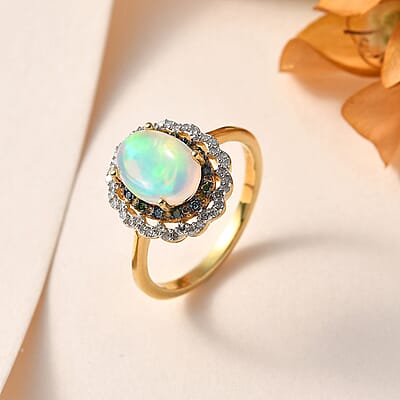 Ethiopian Welo Opal and Multi Diamond Floral Ring in Vermeil Yellow Gold Over Sterling Silver (Size 10.0) 1.40 ctw