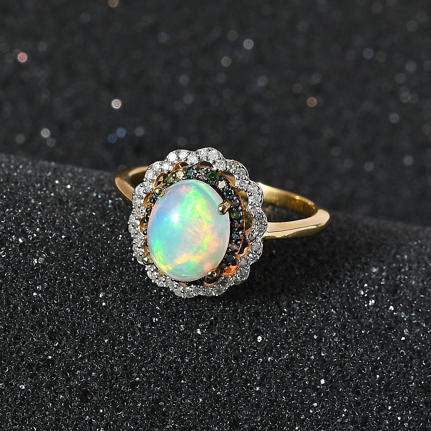 Ethiopian Welo Opal and Multi Diamond Floral Ring in Vermeil Yellow Gold Over Sterling Silver (Size 10.0) 1.40 ctw