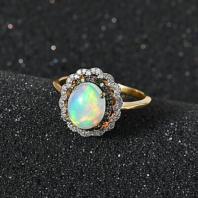 Ethiopian Welo Opal and Multi Diamond Floral Ring in Vermeil Yellow Gold Over Sterling Silver (Size 10.0) 1.40 ctw