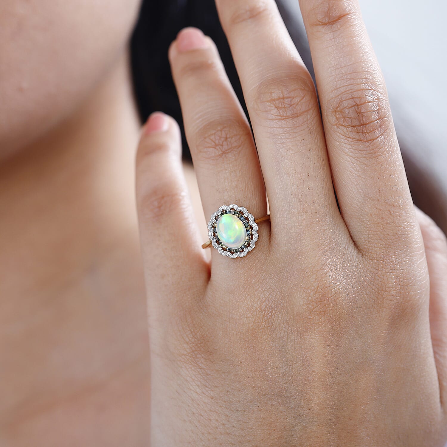 Ethiopian Welo Opal and Multi Diamond Floral Ring in Vermeil Yellow Gold Over Sterling Silver (Size 10.0) 1.40 ctw