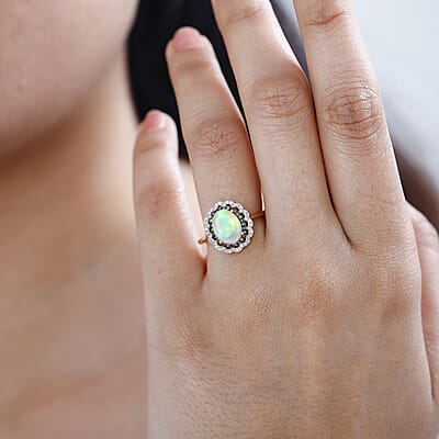 Ethiopian Welo Opal and Multi Diamond Floral Ring in Vermeil Yellow Gold Over Sterling Silver (Size 10.0) 1.40 ctw