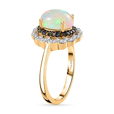 Ethiopian Welo Opal and Multi Diamond Floral Ring in Vermeil Yellow Gold Over Sterling Silver (Size 10.0) 1.40 ctw