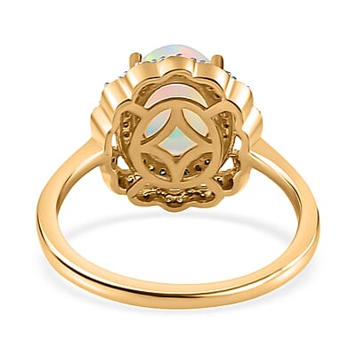 Ethiopian Welo Opal and Multi Diamond Floral Ring in Vermeil Yellow Gold Over Sterling Silver (Size 10.0) 1.40 ctw
