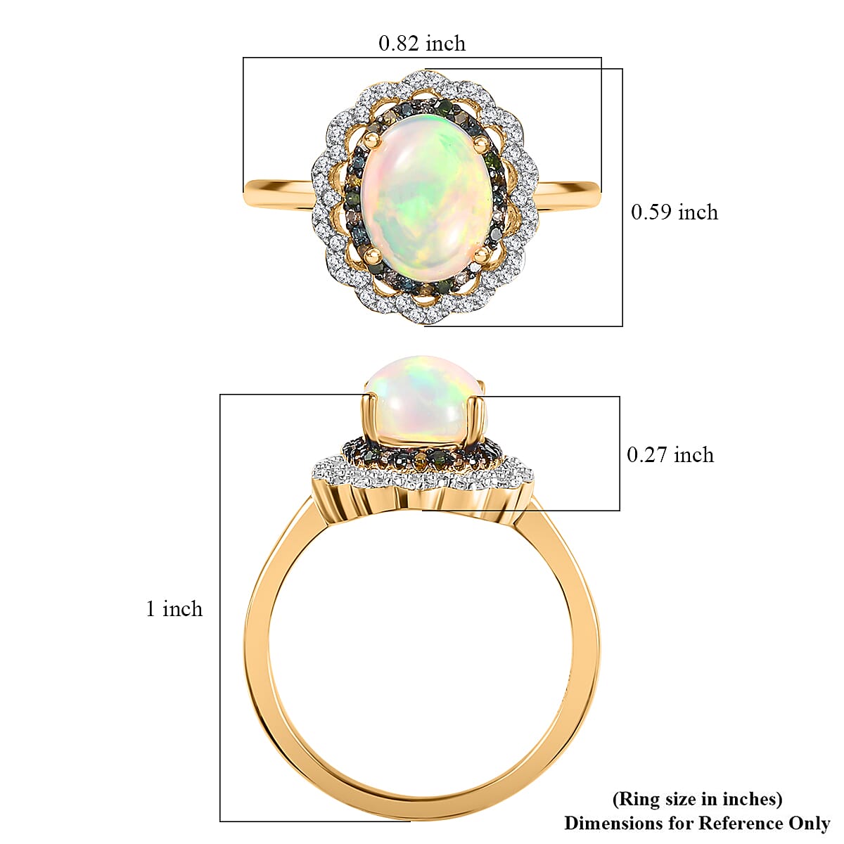 Ethiopian Welo Opal and Multi Diamond Floral Ring in Vermeil Yellow Gold Over Sterling Silver (Size 10.0) 1.40 ctw