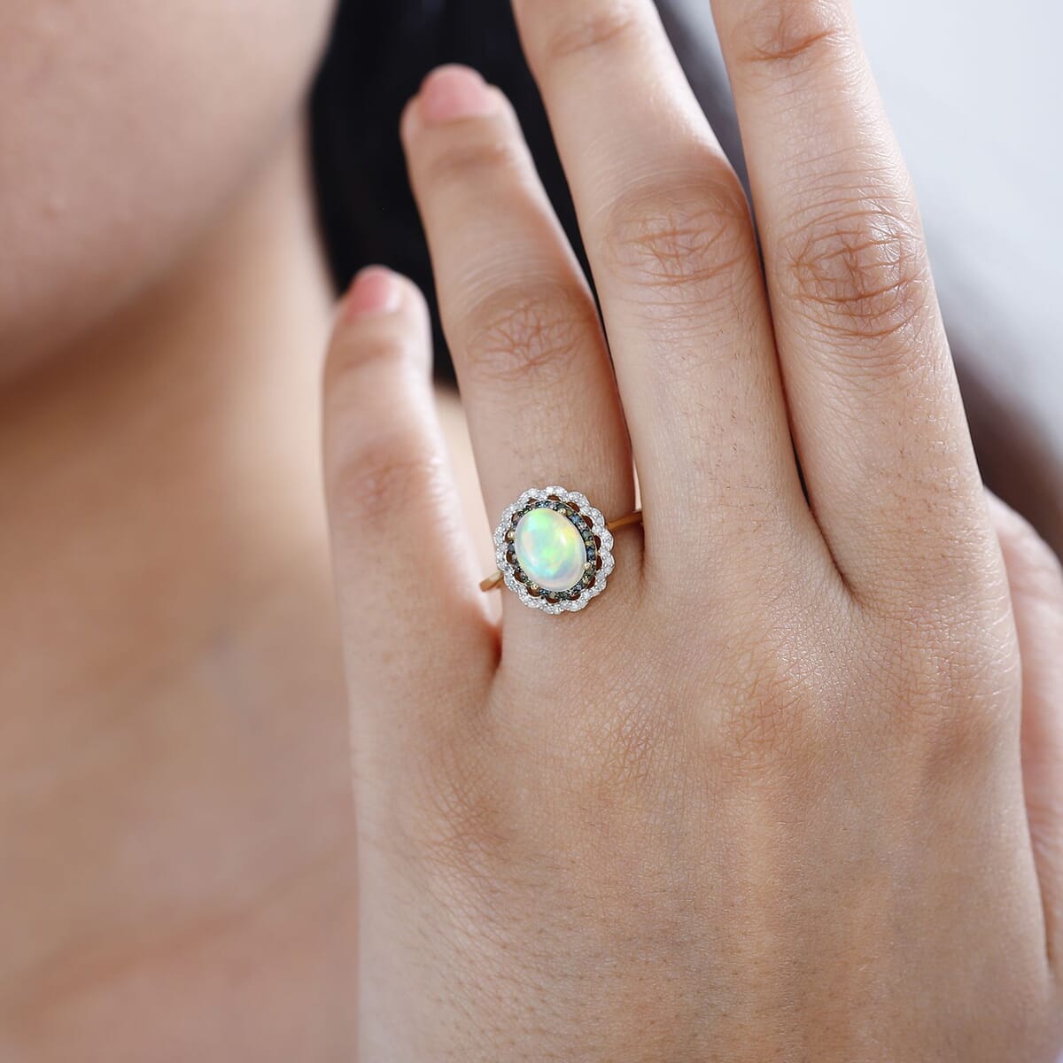Ethiopian Welo Opal and Multi Diamond Floral Ring in Vermeil Yellow Gold Over Sterling Silver (Size 7.0) 1.40 ctw image number 3