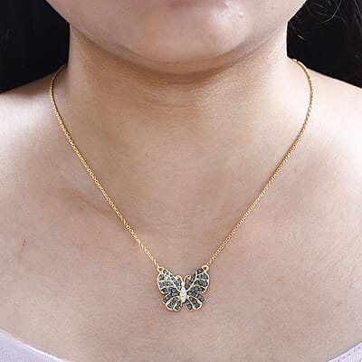 Narsipatnam Alexandrite and White Zircon Butterfly Necklace 18 Inches in Vermeil Yellow Gold Over Sterling Silver 1.25 ctw