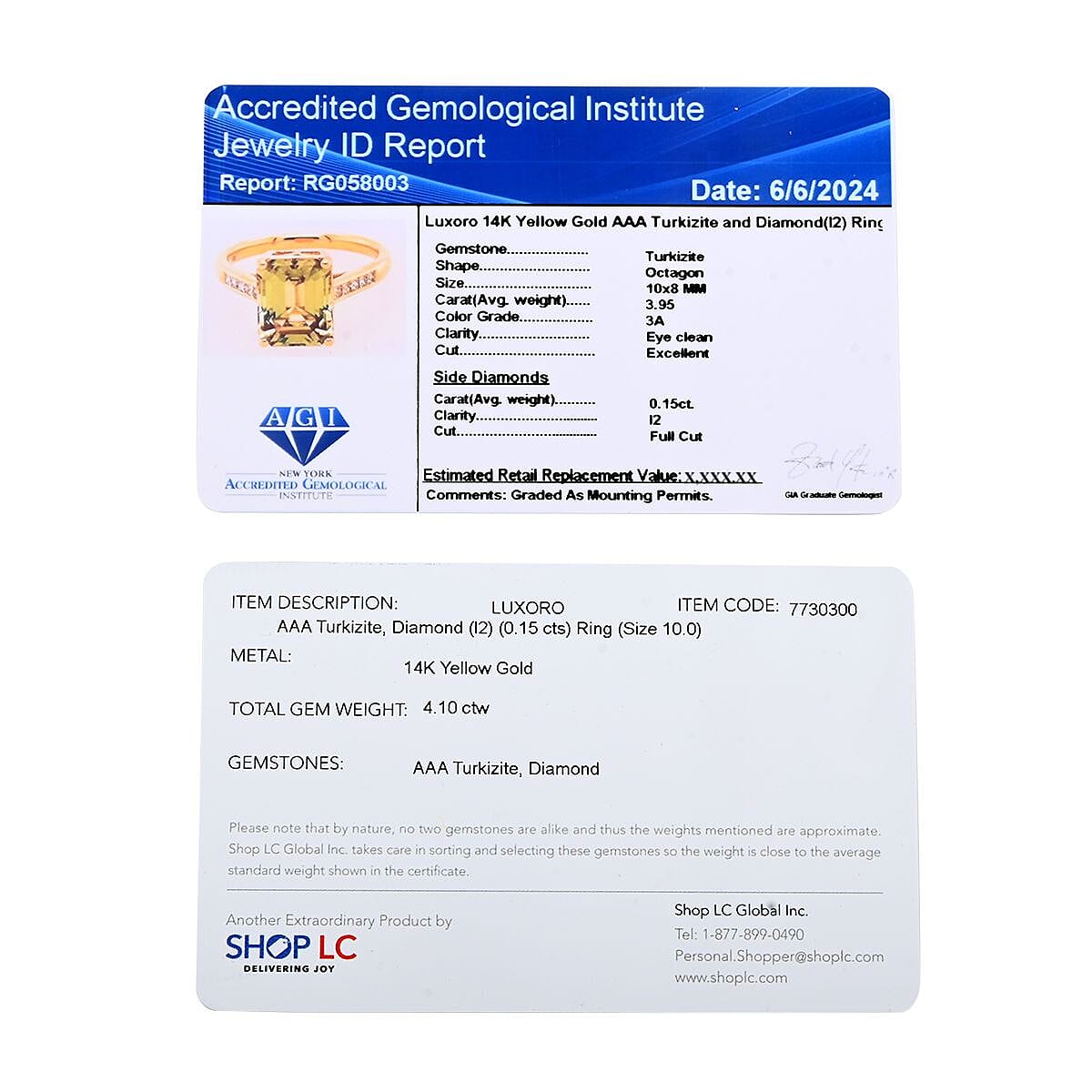 Certified & Appraised Luxoro AAA Turkizite and I2 Diamond 4.10 ctw Ring in 14K Yellow Gold (Size 5.5) image number 6