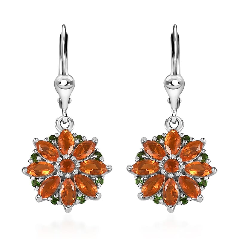 Crimson Fire Opal and Chrome Diopside Lever Back Earrings in Platinum Over Sterling Silver 2.00 ctw