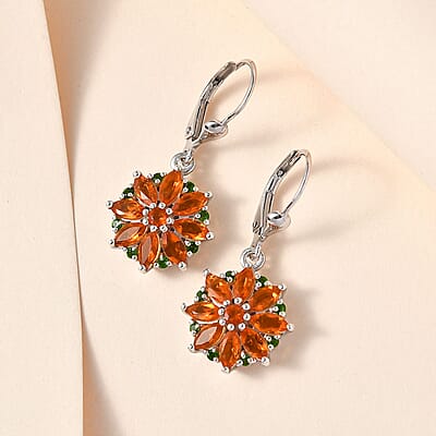 Crimson Fire Opal and Chrome Diopside Lever Back Earrings in Platinum Over Sterling Silver 2.00 ctw
