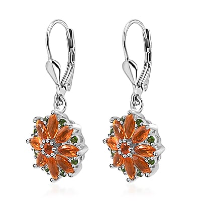 Crimson Fire Opal and Chrome Diopside Lever Back Earrings in Platinum Over Sterling Silver 2.00 ctw