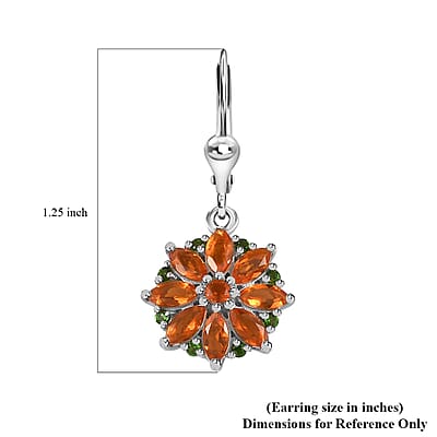 Crimson Fire Opal and Chrome Diopside Lever Back Earrings in Platinum Over Sterling Silver 2.00 ctw
