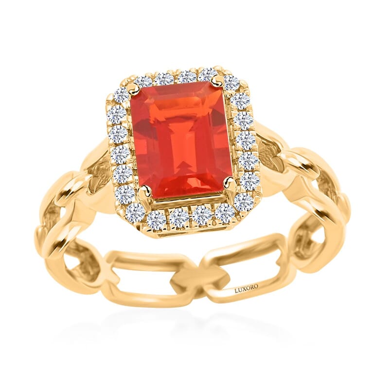 Certified & Appraised Luxoro 14K Yellow Gold AAA Mexican Cherry Fire Opal and I2 Diamond Ring (Size 10.0) 1.40 ctw