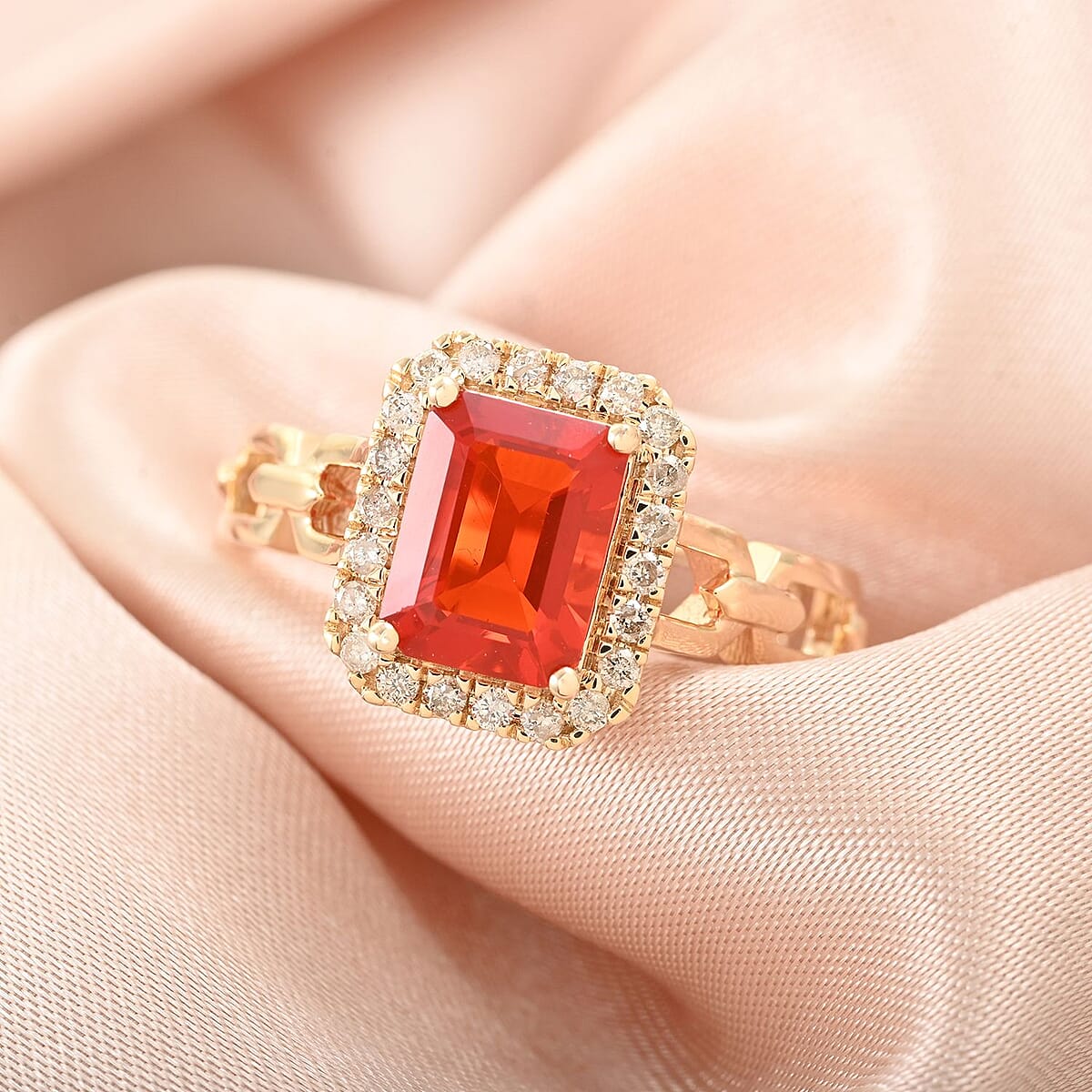Certified & Appraised Luxoro 14K Yellow Gold AAA Mexican Cherry Fire Opal and I2 Diamond Ring (Size 8.0) 1.40 ctw image number 1
