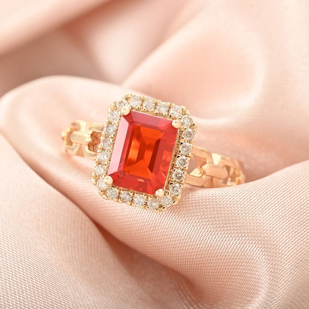 Certified & Appraised Luxoro 14K Yellow Gold AAA Mexican Cherry Fire Opal and I2 Diamond Ring (Size 8.5) 1.40 ctw image number 1