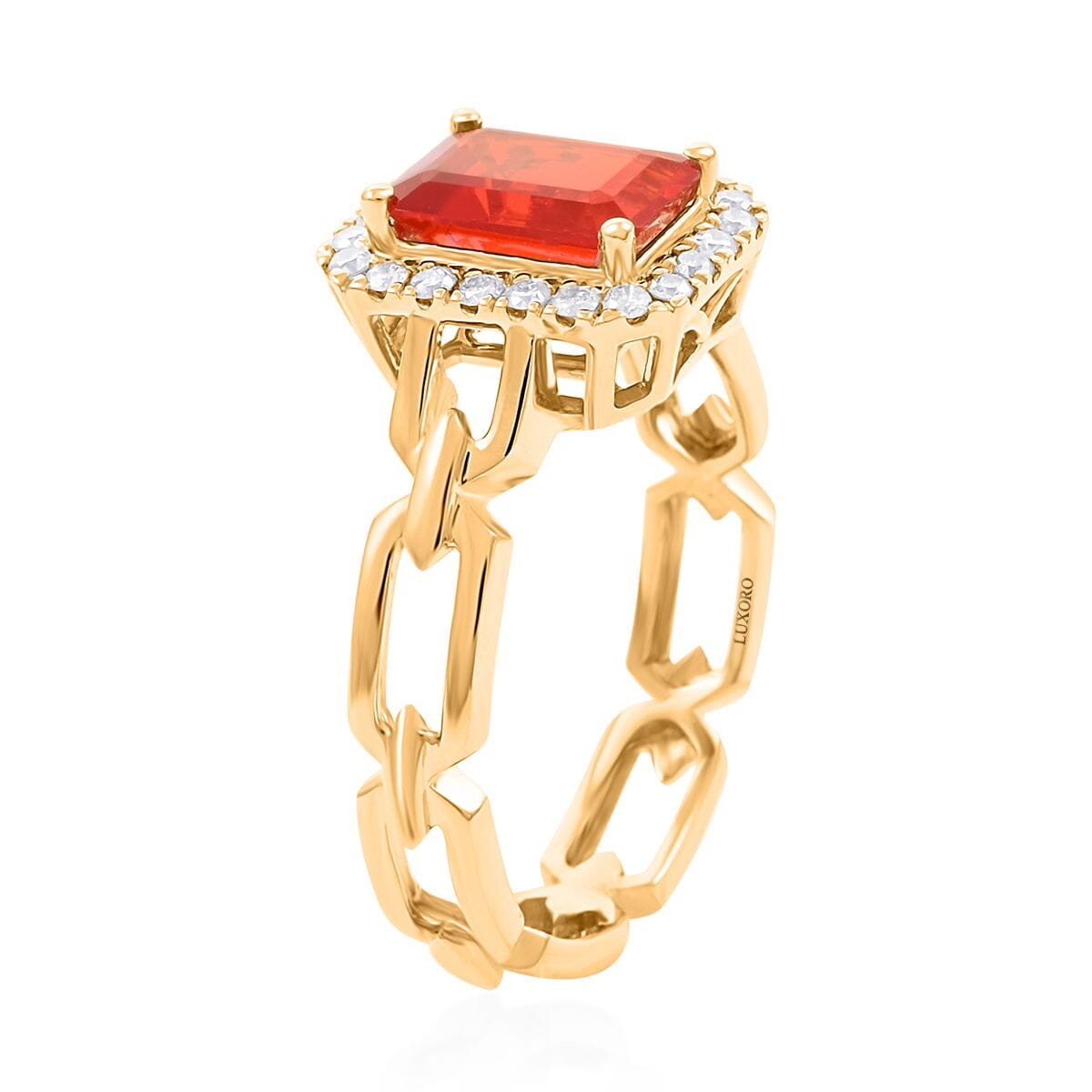 Certified & Appraised Luxoro 14K Yellow Gold AAA Mexican Cherry Fire Opal and I2 Diamond Ring (Size 8.5) 1.40 ctw image number 3