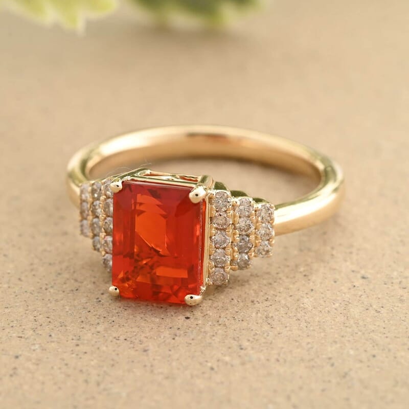 Certified & Appraised Luxoro 14K Yellow Gold AAA Mexican Cherry Fire Opal and I2 Diamond Ring (Size 10.0) 1.40 ctw