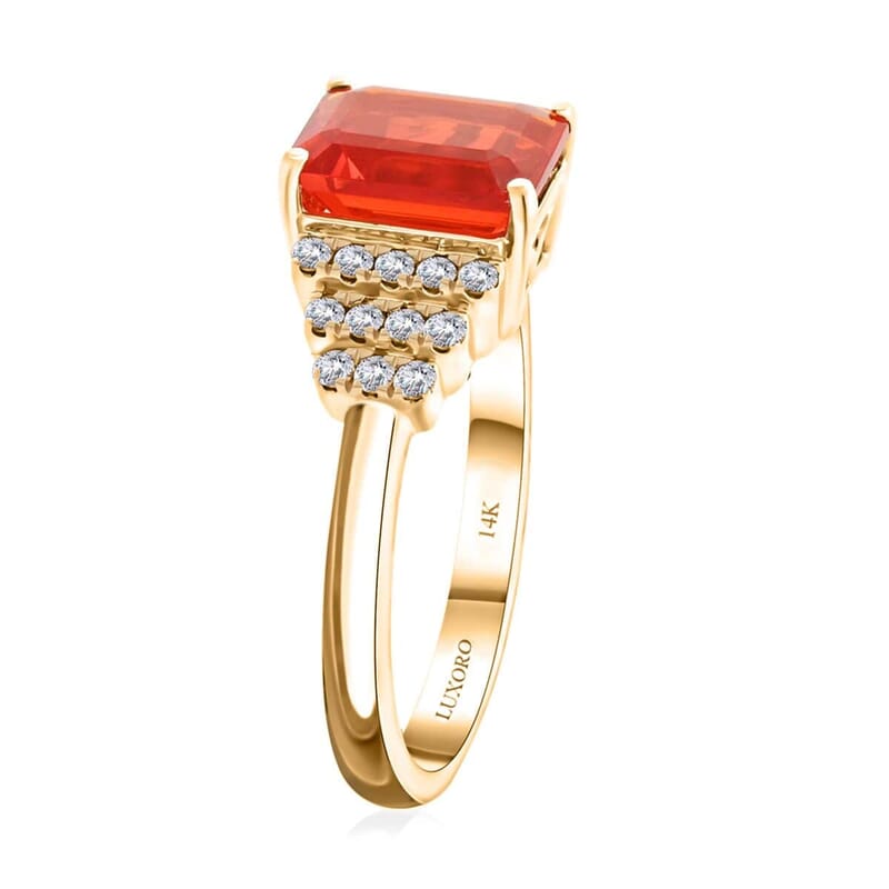 Certified & Appraised Luxoro 14K Yellow Gold AAA Mexican Cherry Fire Opal and I2 Diamond Ring (Size 10.0) 1.40 ctw