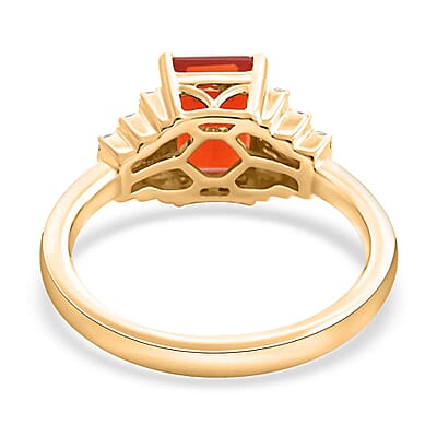 Certified & Appraised Luxoro 14K Yellow Gold AAA Mexican Cherry Fire Opal and I2 Diamond Ring (Size 11.0) 1.40 ctw